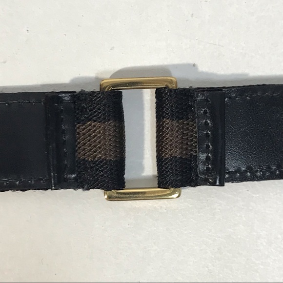 Authentic Gucci Woven Web and Leather Black & Chocolate Brown Logo Stripe Belt - Picture 16 of 16